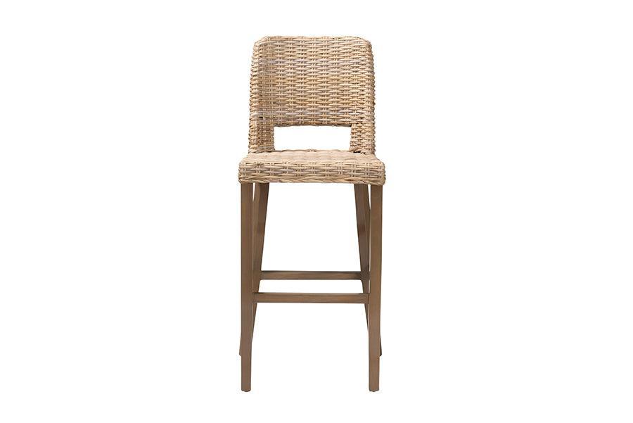 bali & pari Magy Modern Bohemian Grey Kubu Rattan and Mahogany Wood Bar Stool FredCo