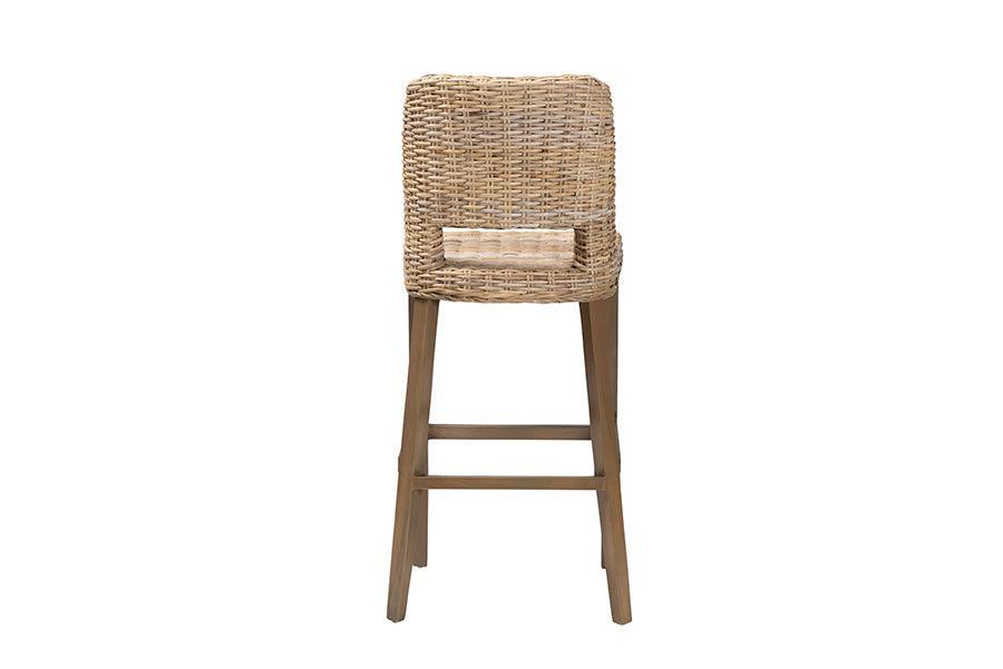 bali & pari Magy Modern Bohemian Grey Kubu Rattan and Mahogany Wood Bar Stool FredCo