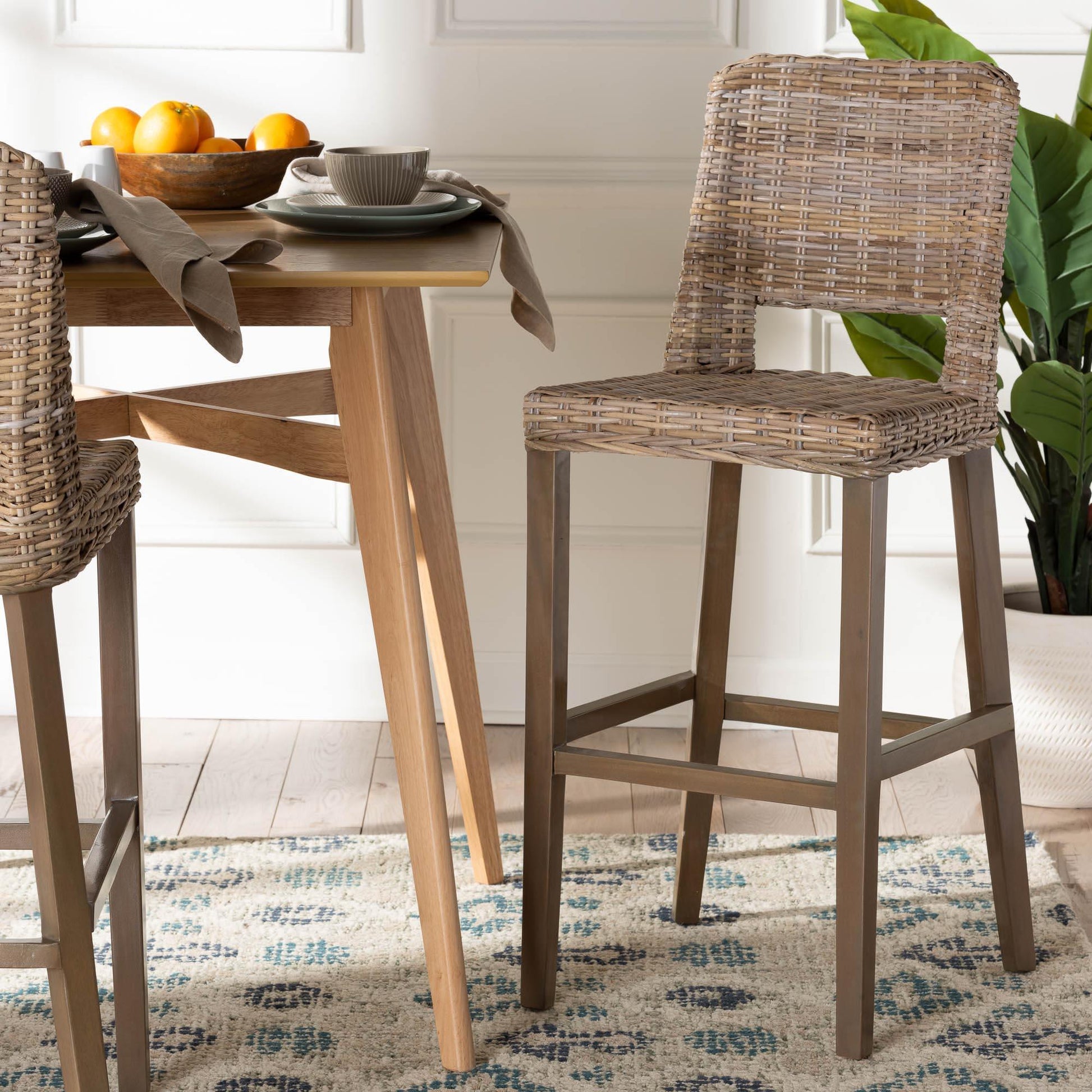 bali & pari Magy Modern Bohemian Grey Kubu Rattan and Mahogany Wood Bar Stool FredCo