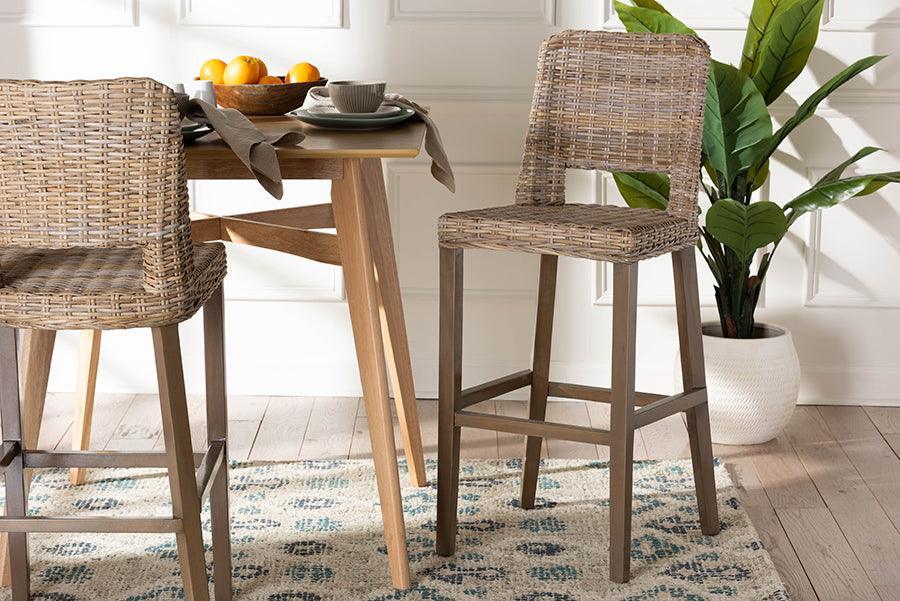 bali & pari Magy Modern Bohemian Grey Kubu Rattan and Mahogany Wood Bar Stool FredCo