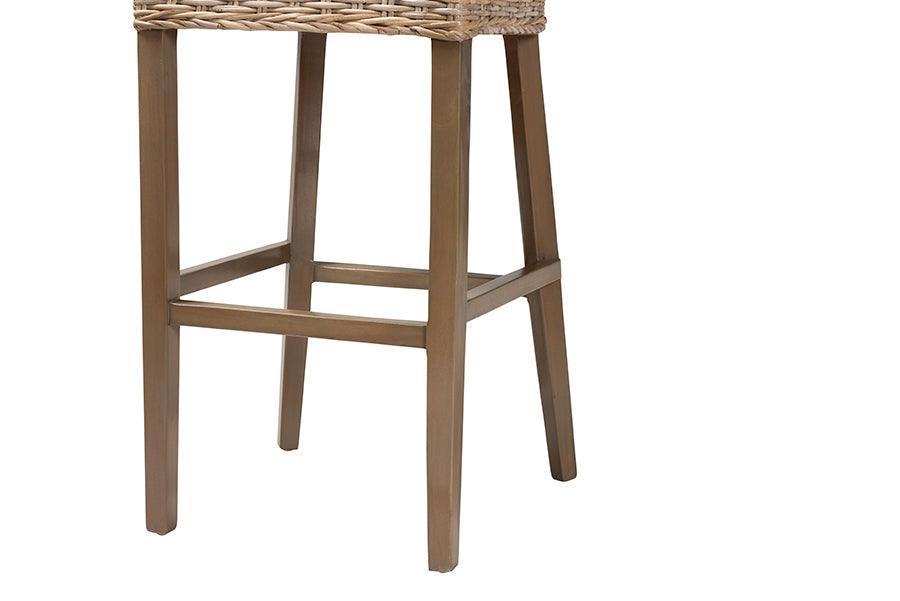 bali & pari Magy Modern Bohemian Grey Kubu Rattan and Mahogany Wood Bar Stool FredCo