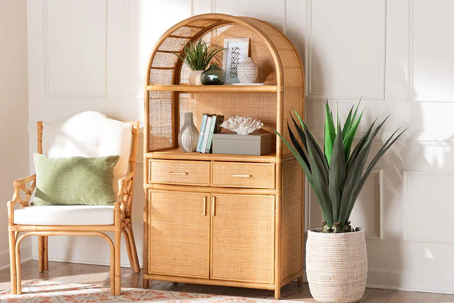 bali & pari Mairen Arched Natural Rattan Storage Cabinet - Handwoven Pole Rattan Hutch with Two Drawers and Doors, Boho Coastal Display Cabinet for Dining Room or Living Space FredCo