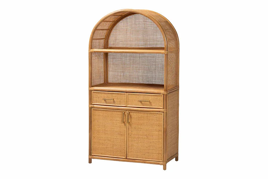 bali & pari Mairen Arched Natural Rattan Storage Cabinet - Handwoven Pole Rattan Hutch with Two Drawers and Doors, Boho Coastal Display Cabinet for Dining Room or Living Space FredCo