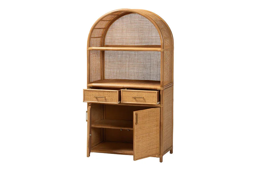 bali & pari Mairen Arched Natural Rattan Storage Cabinet - Handwoven Pole Rattan Hutch with Two Drawers and Doors, Boho Coastal Display Cabinet for Dining Room or Living Space FredCo