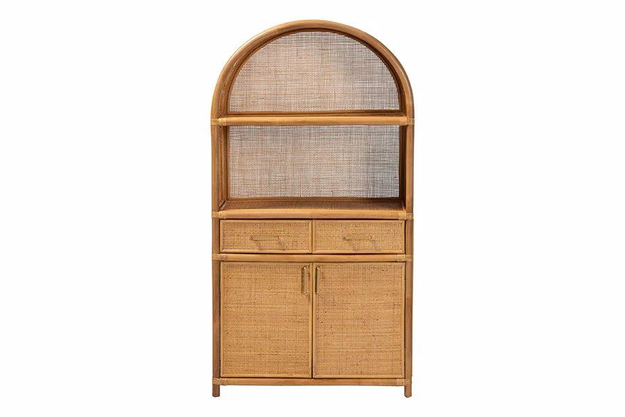 bali & pari Mairen Arched Natural Rattan Storage Cabinet - Handwoven Pole Rattan Hutch with Two Drawers and Doors, Boho Coastal Display Cabinet for Dining Room or Living Space FredCo