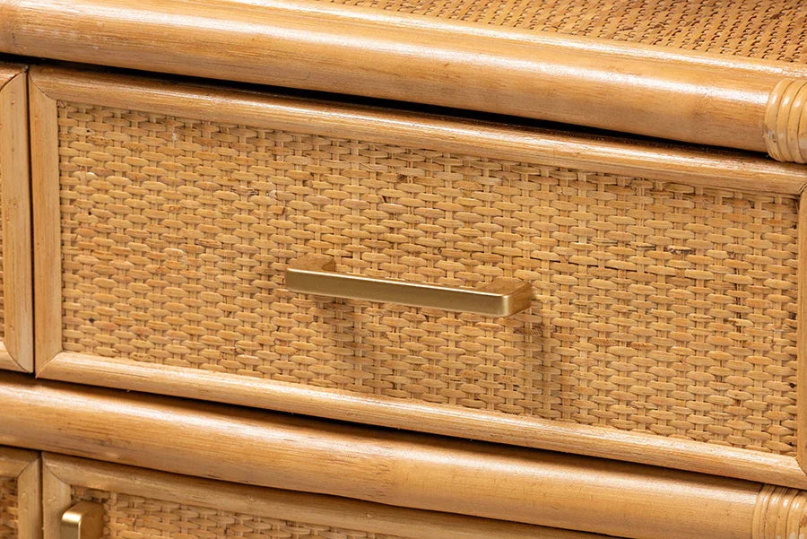 bali & pari Mairen Arched Natural Rattan Storage Cabinet - Handwoven Pole Rattan Hutch with Two Drawers and Doors, Boho Coastal Display Cabinet for Dining Room or Living Space FredCo