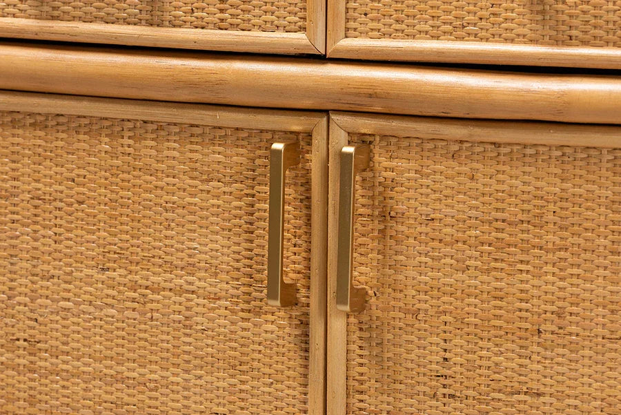 bali & pari Mairen Arched Natural Rattan Storage Cabinet - Handwoven Pole Rattan Hutch with Two Drawers and Doors, Boho Coastal Display Cabinet for Dining Room or Living Space FredCo