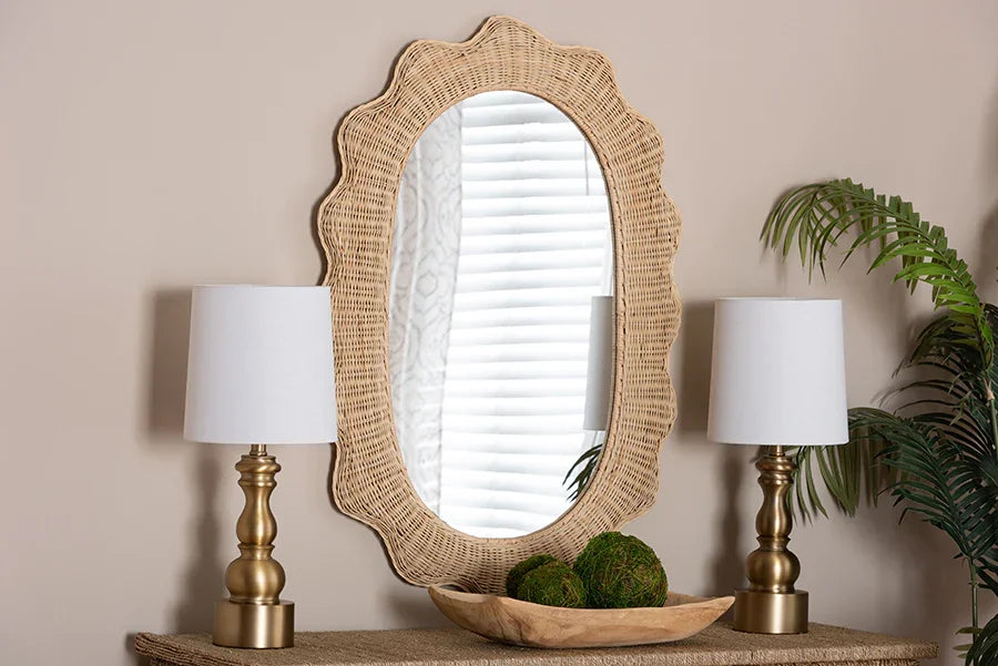bali & pari Makoto Scalloped Natural Rattan Wall Mirror - Handwoven Wicker Oval Frame, Boho Coastal Accent Wall Decor for Entryway, Bedroom, or Living Room FredCo