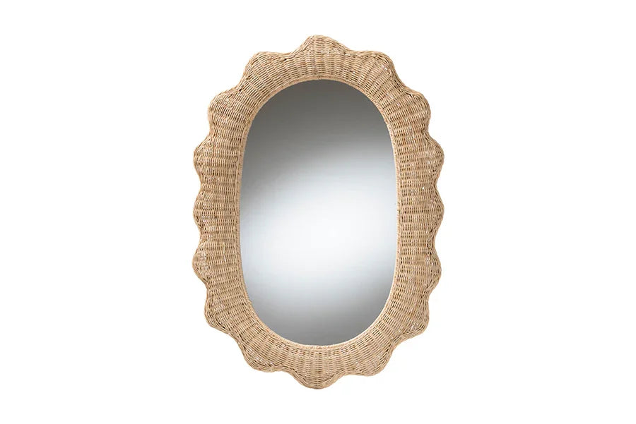 bali & pari Makoto Scalloped Natural Rattan Wall Mirror - Handwoven Wicker Oval Frame, Boho Coastal Accent Wall Decor for Entryway, Bedroom, or Living Room FredCo