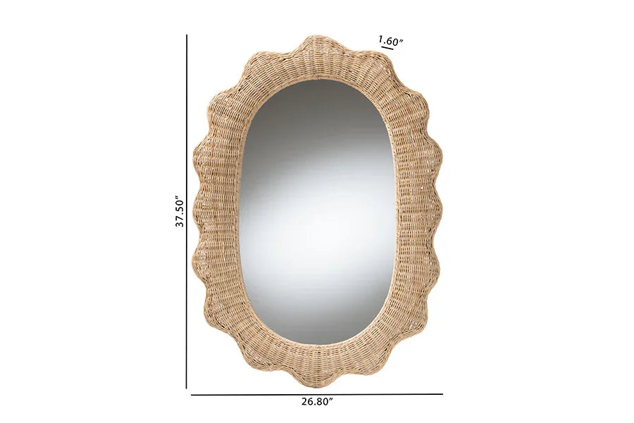 bali & pari Makoto Scalloped Natural Rattan Wall Mirror - Handwoven Wicker Oval Frame, Boho Coastal Accent Wall Decor for Entryway, Bedroom, or Living Room FredCo