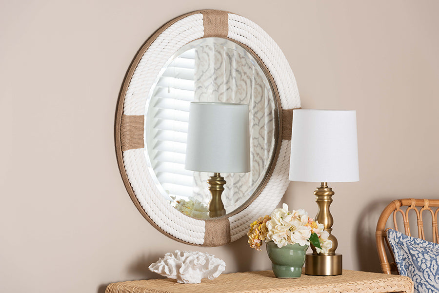 bali & pari Makya Round Woven Rope Mirror - Coastal Mirror with White Fabric and Woven Jute Accents for Farmhouse, Boho Wall Decor, Beach House FredCo