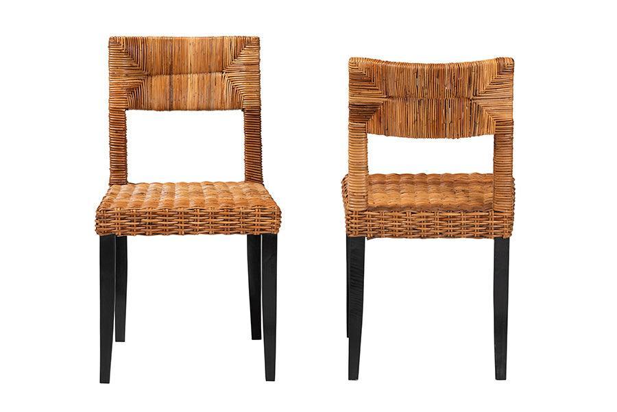 bali & pari Manrico Modern Bohemian Dark Brown Finished Wood and Natural Rattan 2-Piece Dining Chair Set FredCo