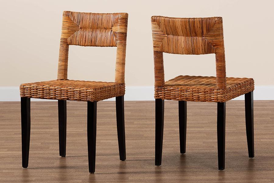 bali & pari Manrico Modern Bohemian Dark Brown Finished Wood and Natural Rattan 2-Piece Dining Chair Set FredCo