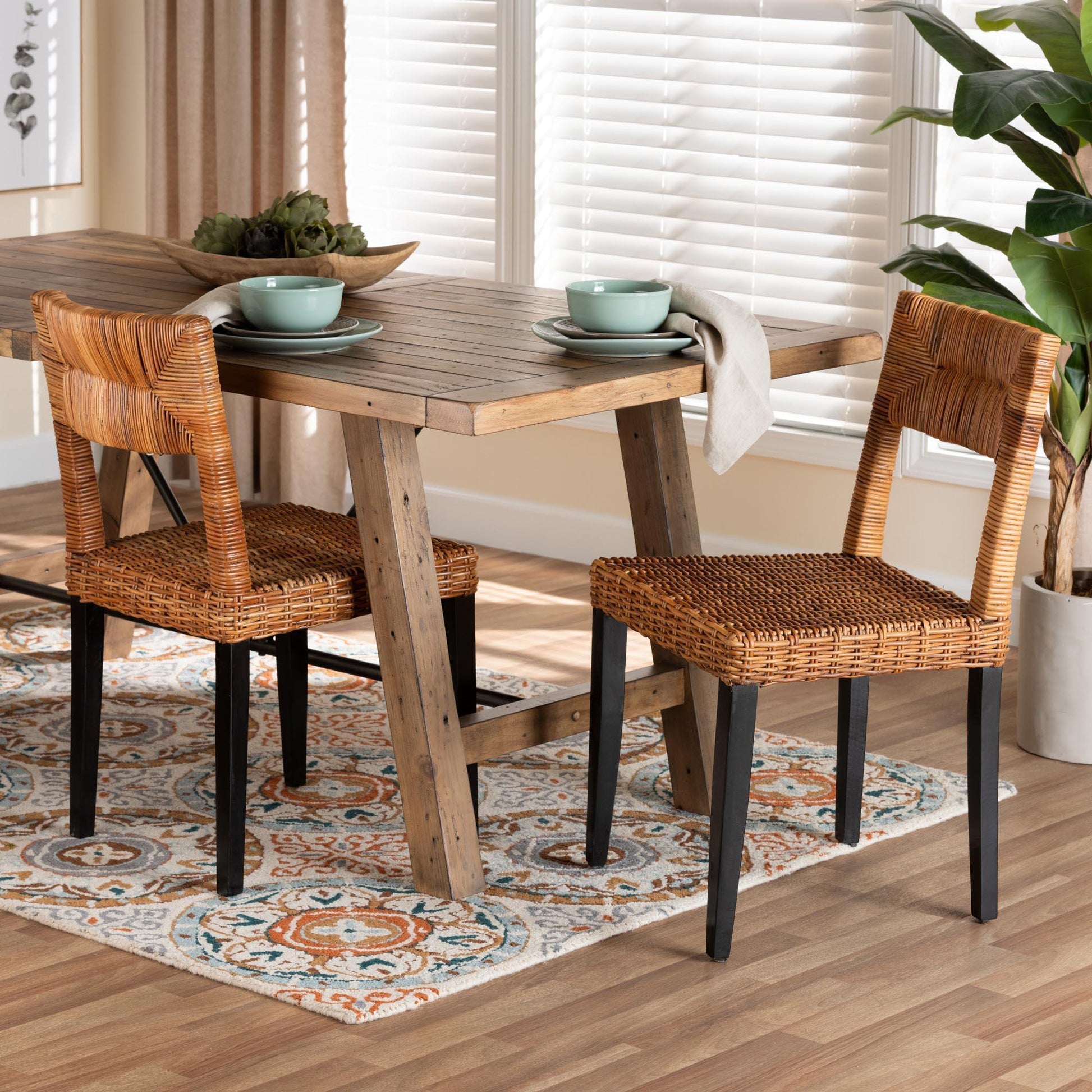 bali & pari Manrico Modern Bohemian Dark Brown Finished Wood and Natural Rattan 2-Piece Dining Chair Set FredCo