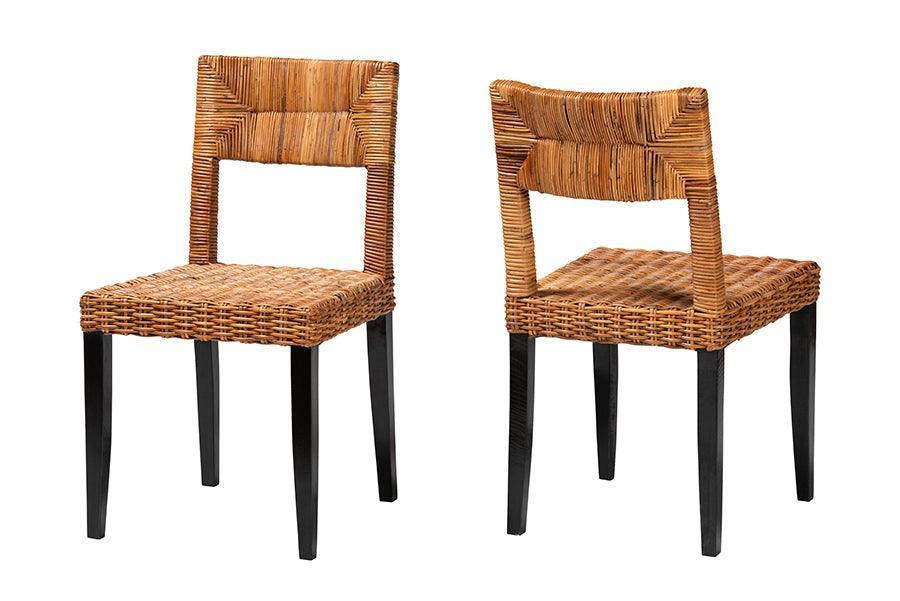 bali & pari Manrico Modern Bohemian Dark Brown Finished Wood and Natural Rattan 2-Piece Dining Chair Set FredCo