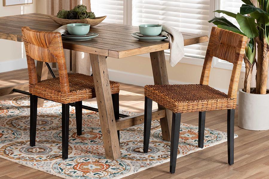 bali & pari Manrico Modern Bohemian Dark Brown Finished Wood and Natural Rattan 2-Piece Dining Chair Set FredCo