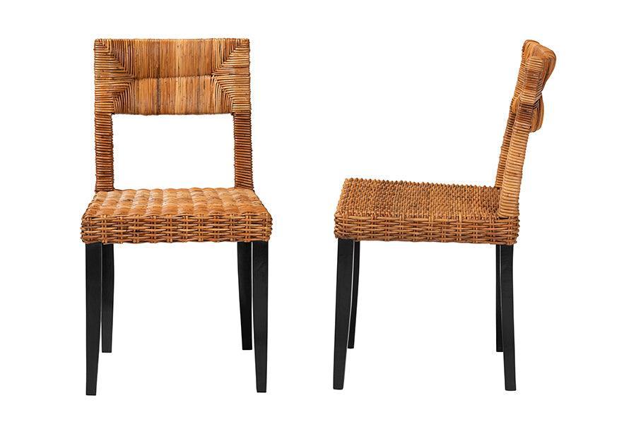 bali & pari Manrico Modern Bohemian Dark Brown Finished Wood and Natural Rattan 2-Piece Dining Chair Set FredCo