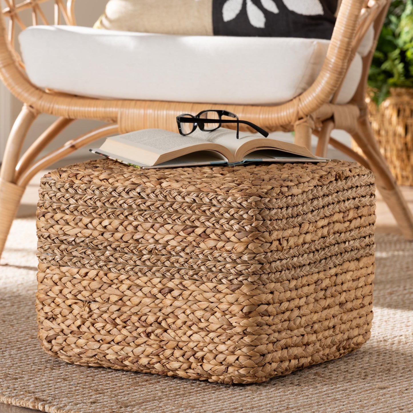 bali & pari Marella Modern Bohemian Natural Brown Seagrass Accent Footstool FredCo