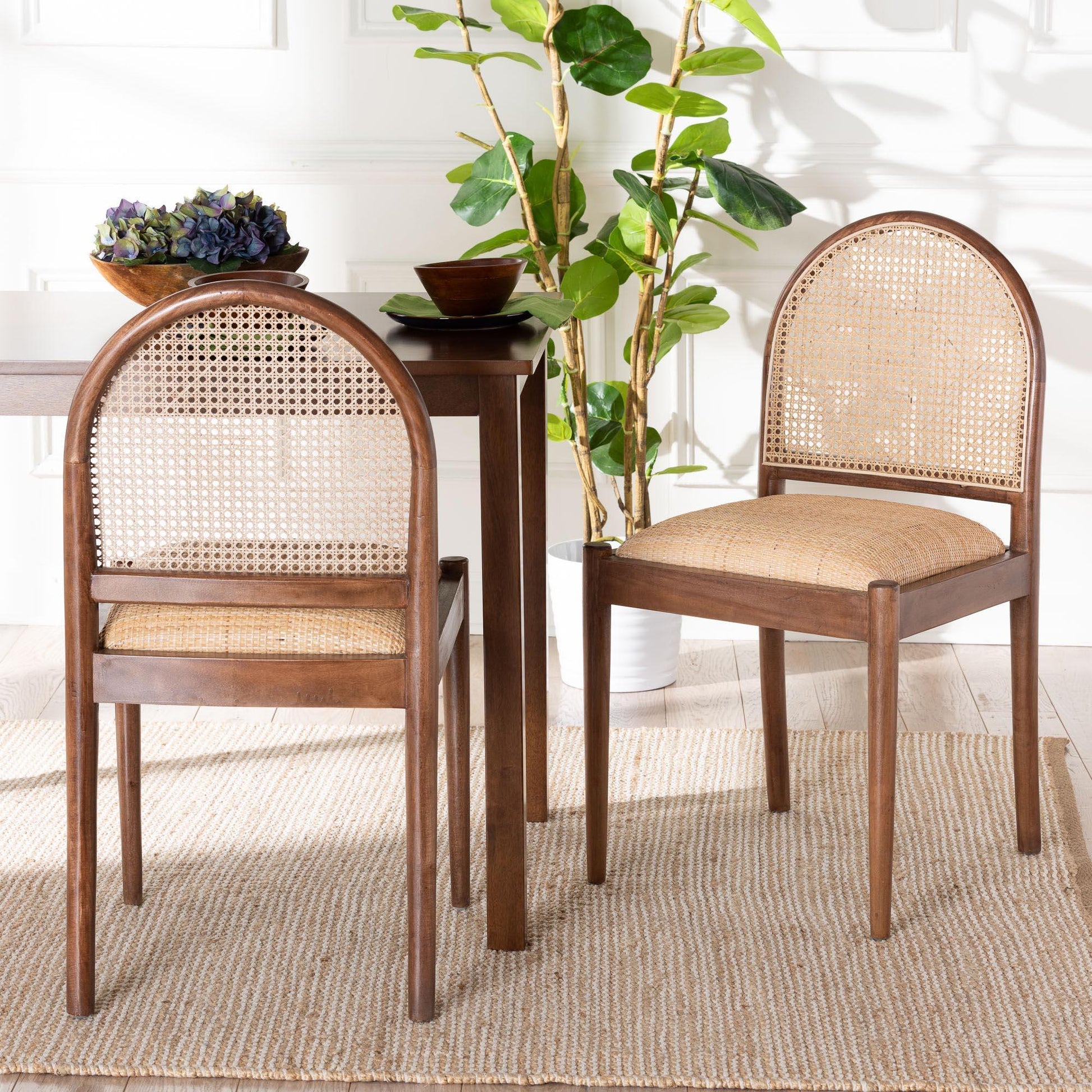 bali & pari Maryland Modern Bohemian Natural Rattan and Acacia Wood 2-Piece Dining Chair Set FredCo