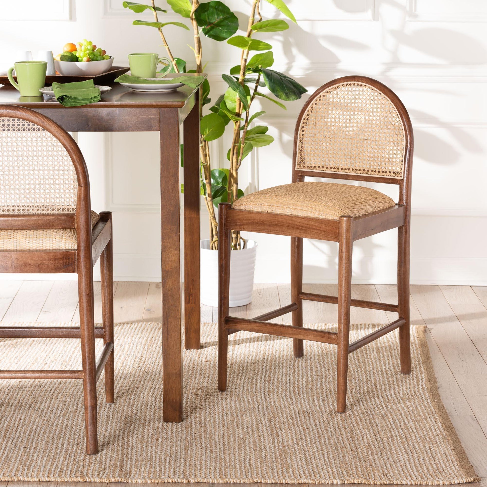 bali & pari Maryland Modern Bohemian Natural Rattan and Acacia Wood Counter Stool FredCo