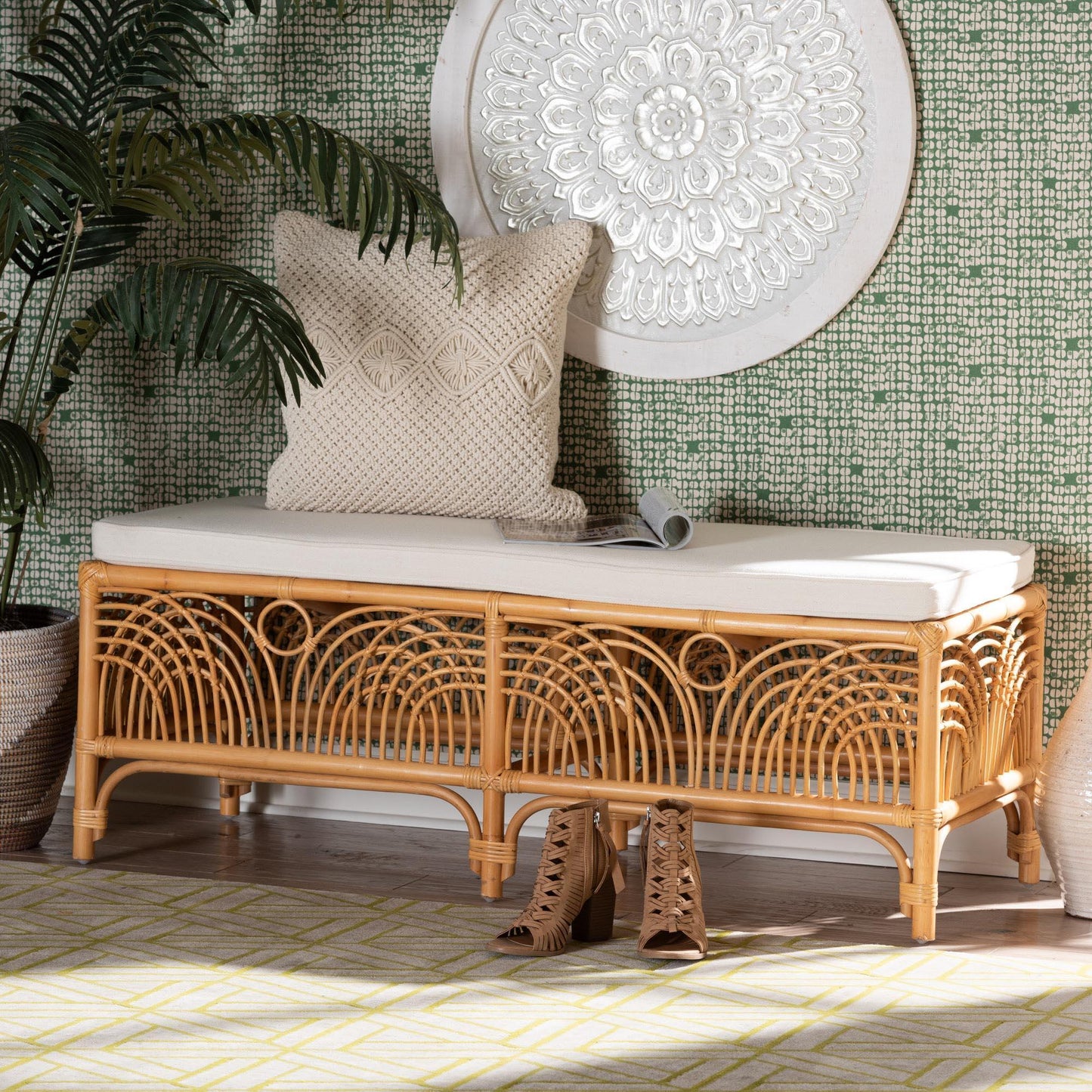 bali & pari Materra Modern bohemian Natural Brown Rattan Bench FredCo