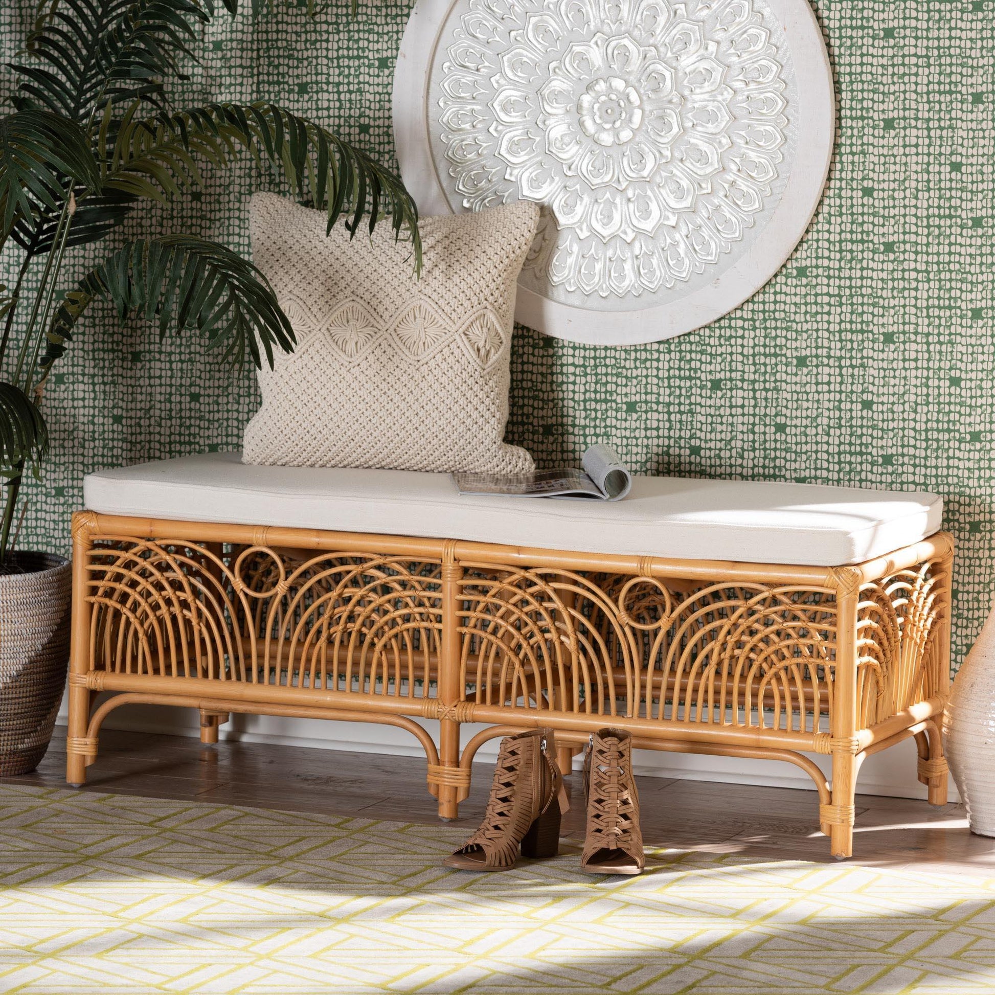 bali & pari Materra Modern bohemian Natural Brown Rattan Bench FredCo