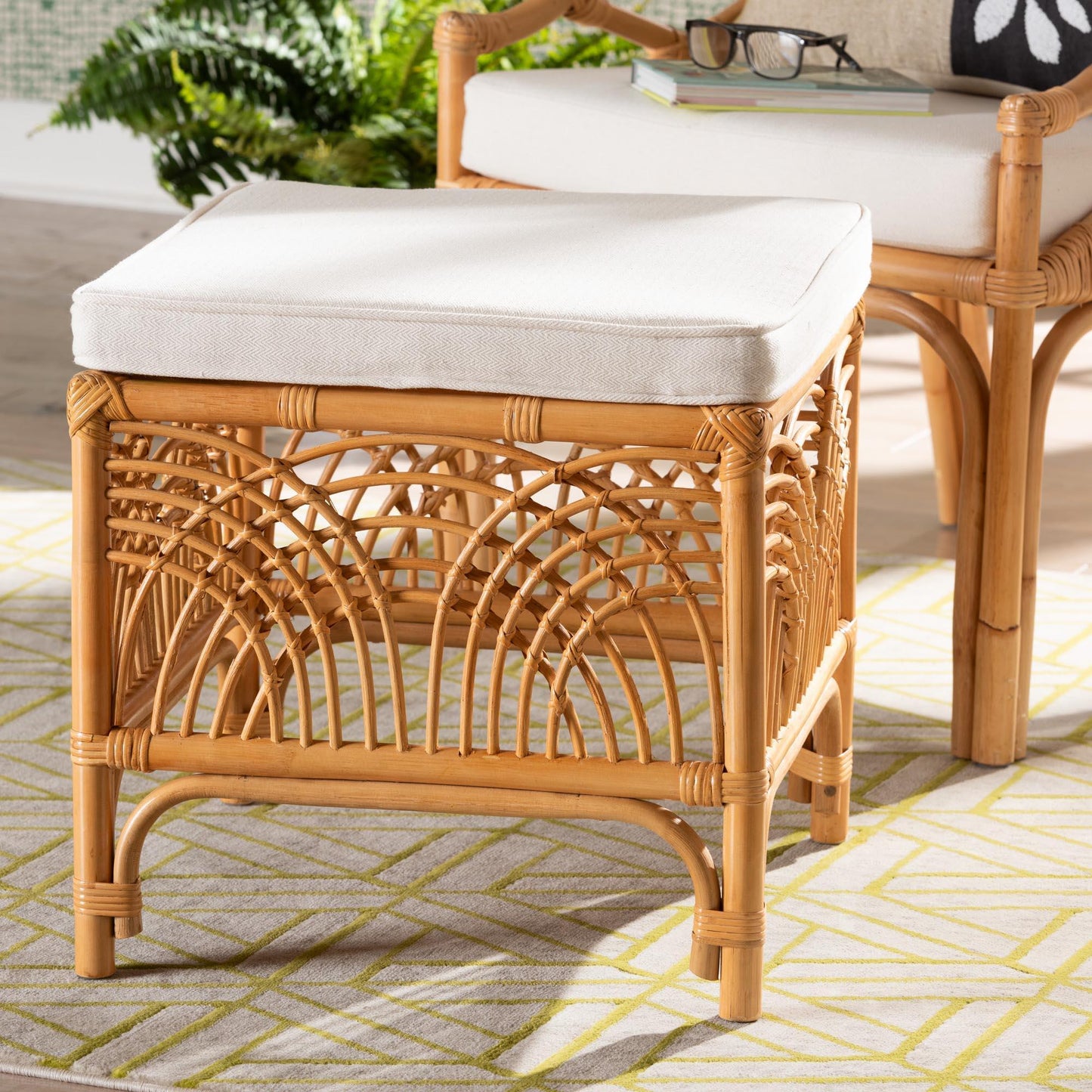 bali & pari Materra Modern bohemian Natural Brown Rattan Footstool FredCo