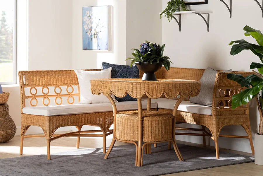 bali & pari Matilde Bohemian Light Honey Rattan 3-Piece Dining Nook Set FredCo