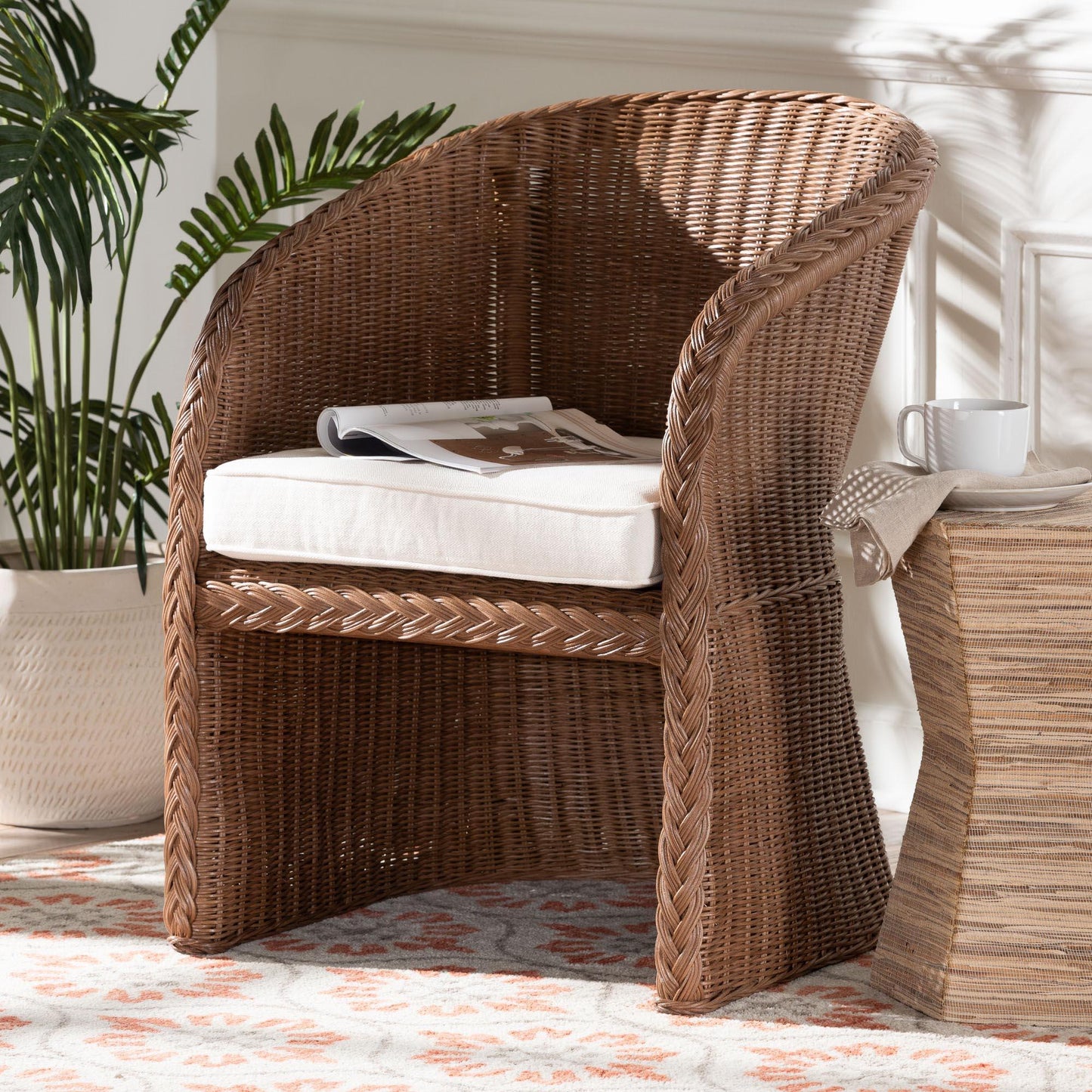 bali & pari Memphis Bohemian Peanut Brown Braided Rattan Arm Chair FredCo