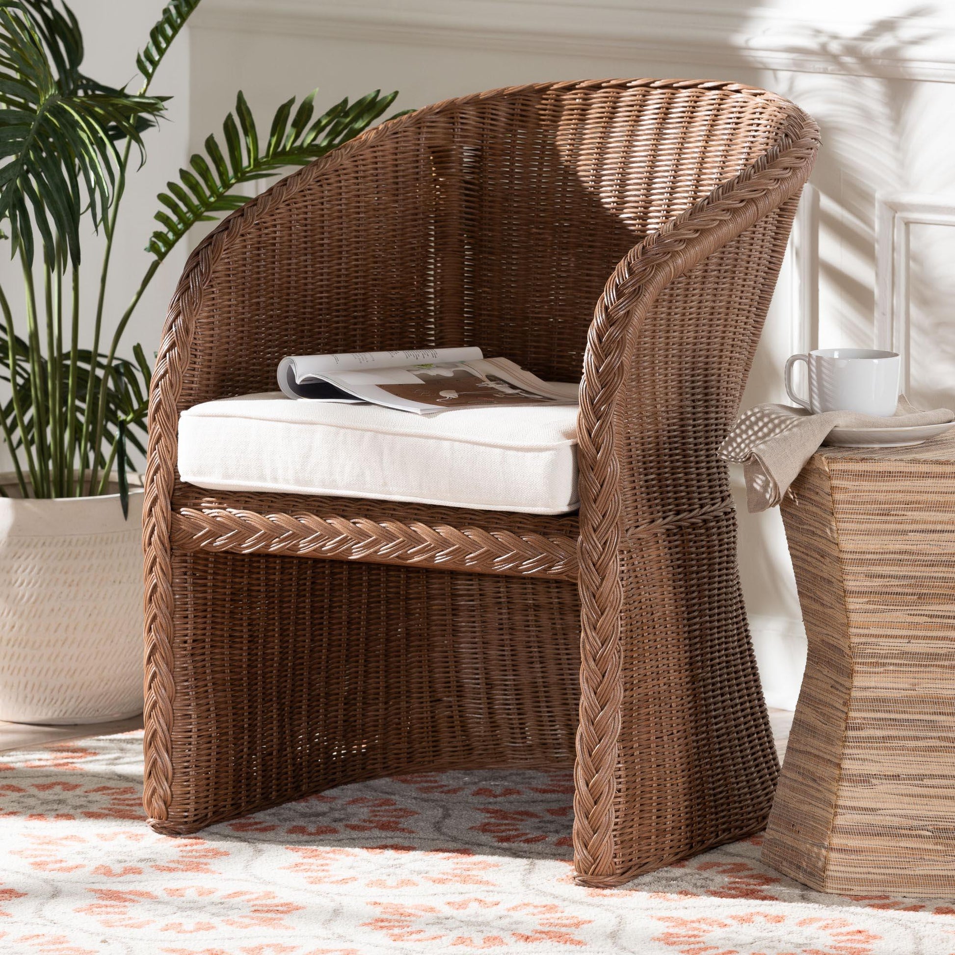 bali & pari Memphis Bohemian Peanut Brown Braided Rattan Arm Chair FredCo
