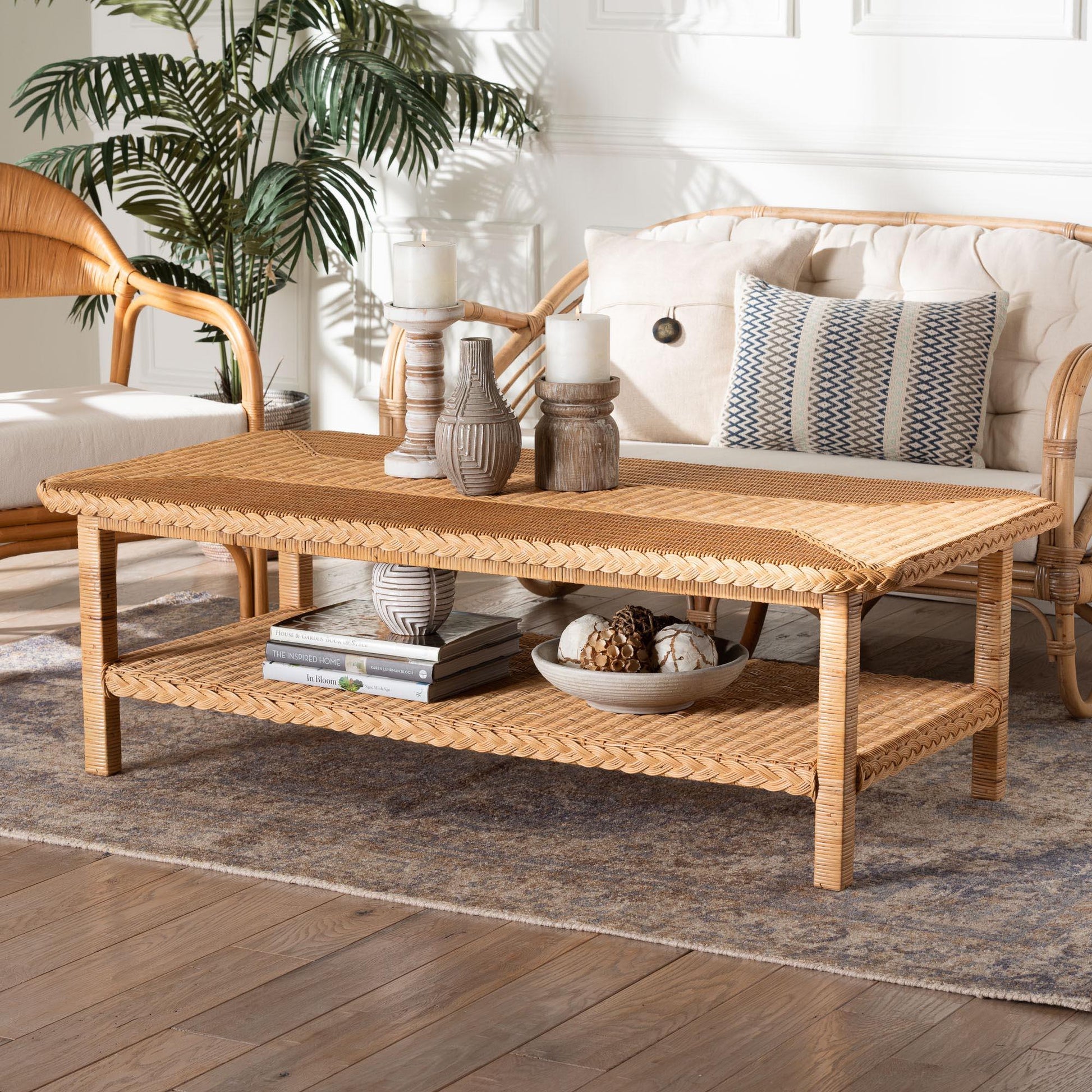 bali & pari Minahasa Bohemian Light Honey Braided Rattan Coffee Table FredCo