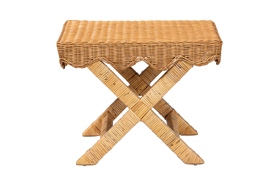 Woven rattan folding stool with rectangular seat and crossed legs, home furniture accent.