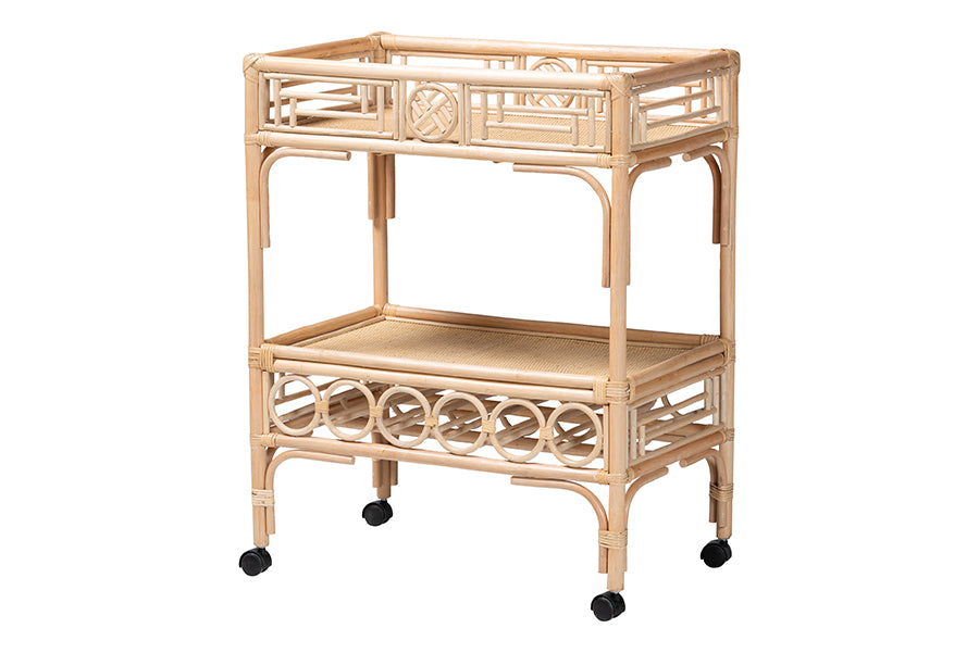 Natural rattan bar cart with two shelves and decorative lattice, rolling casters, FredCo International