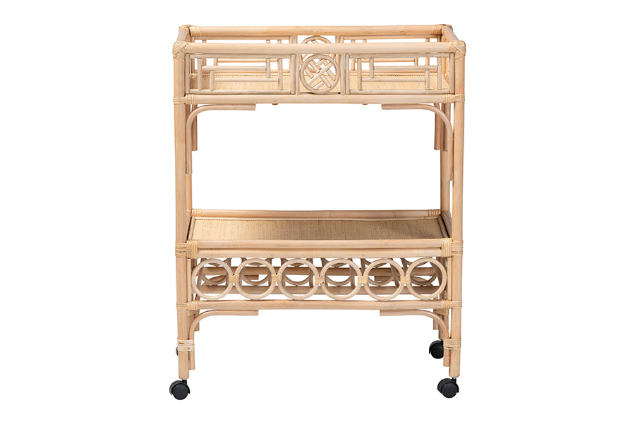Natural rattan bar cart with geometric design and caster wheels, FredCo International furniture