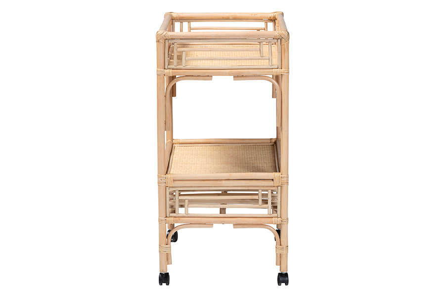 Natural rattan rolling bar cart with two shelves by FredCo International furniture