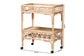 Natural rattan bar cart with geometric design, two shelves, caster wheels, and size dimensions