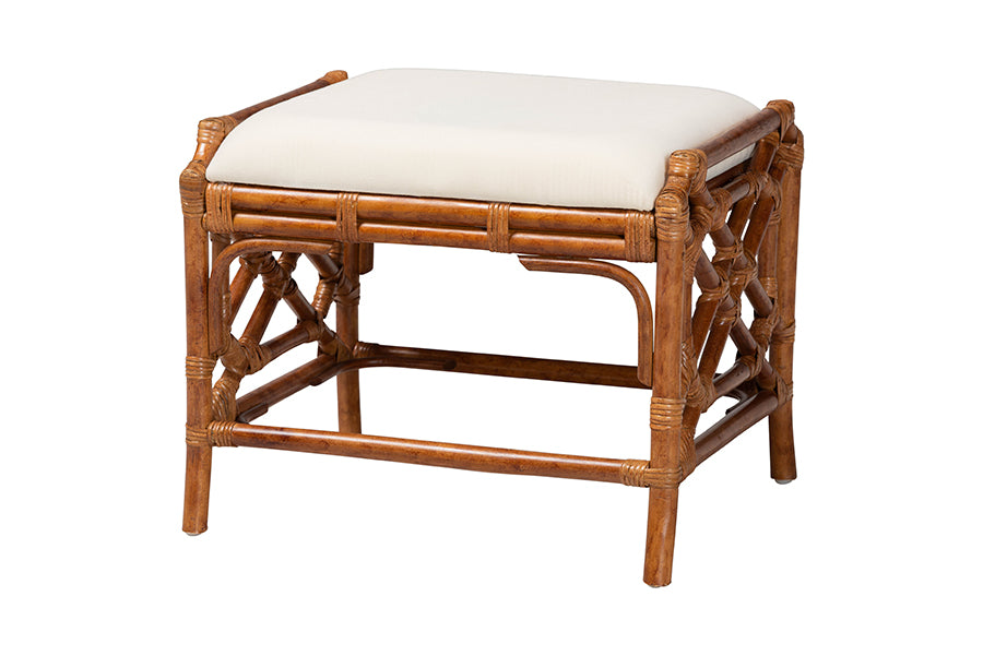 Rattan ottoman stool with white cushion, home furniture from FredCo International