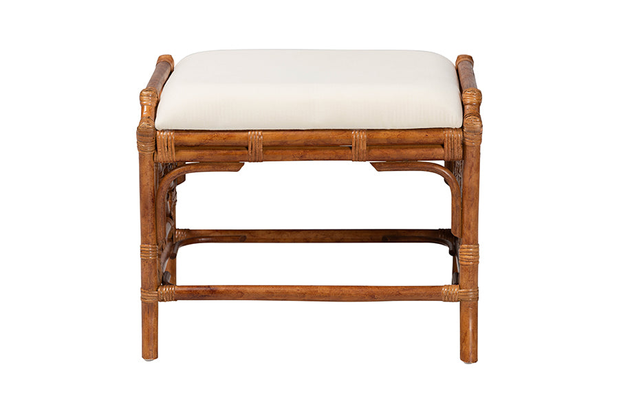 Rattan wood stool with white upholstered cushion, FredCo International furniture