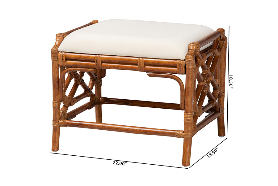 Rattan ottoman with cream cushion, 22x18.9x18.5 inches, FredCo International furniture