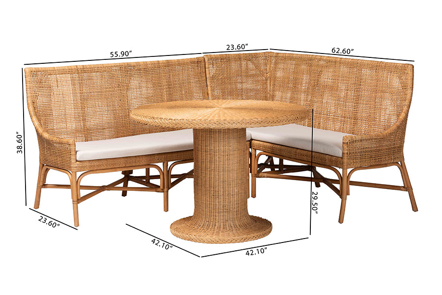 bali & pari Nantai Bohemian Light Honey Rattan 3-Piece Dining Nook Set FredCo