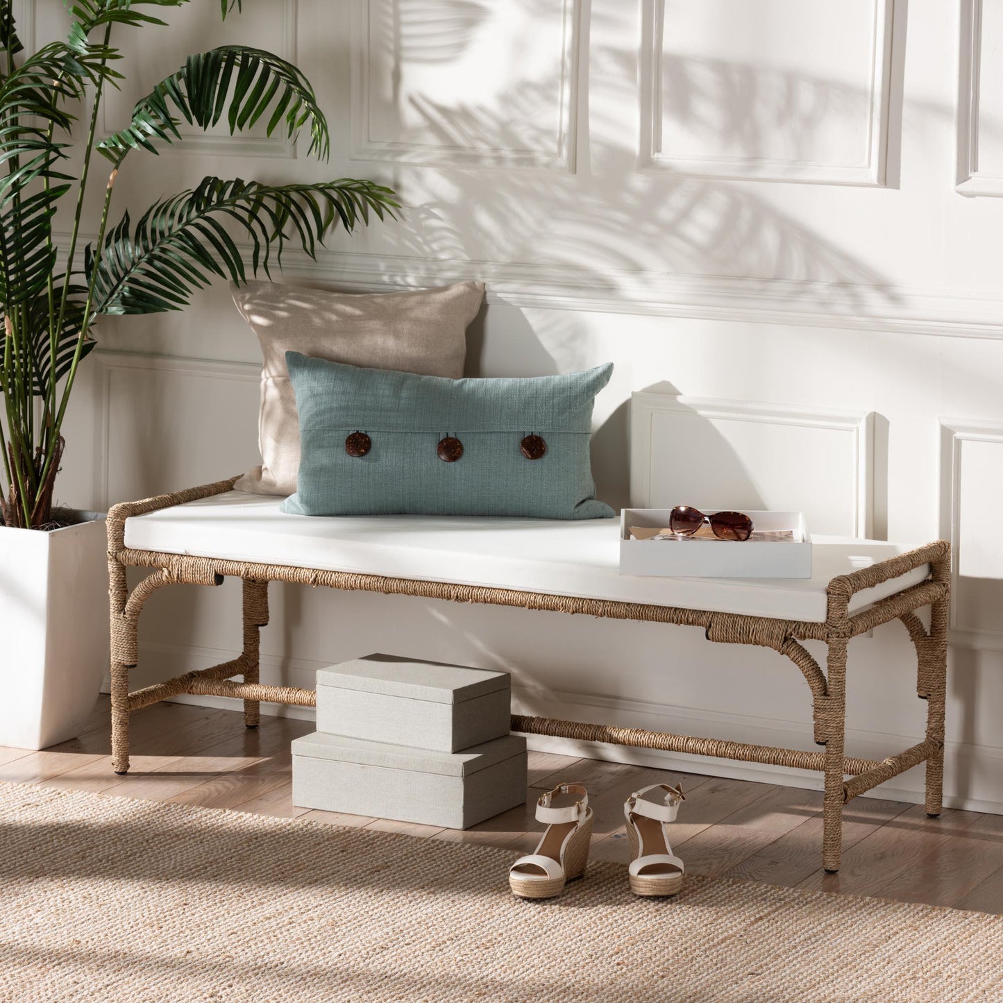 bali & pari Nasim Modern Bohemian Natural Seagrass and Metal Accent Bench FredCo
