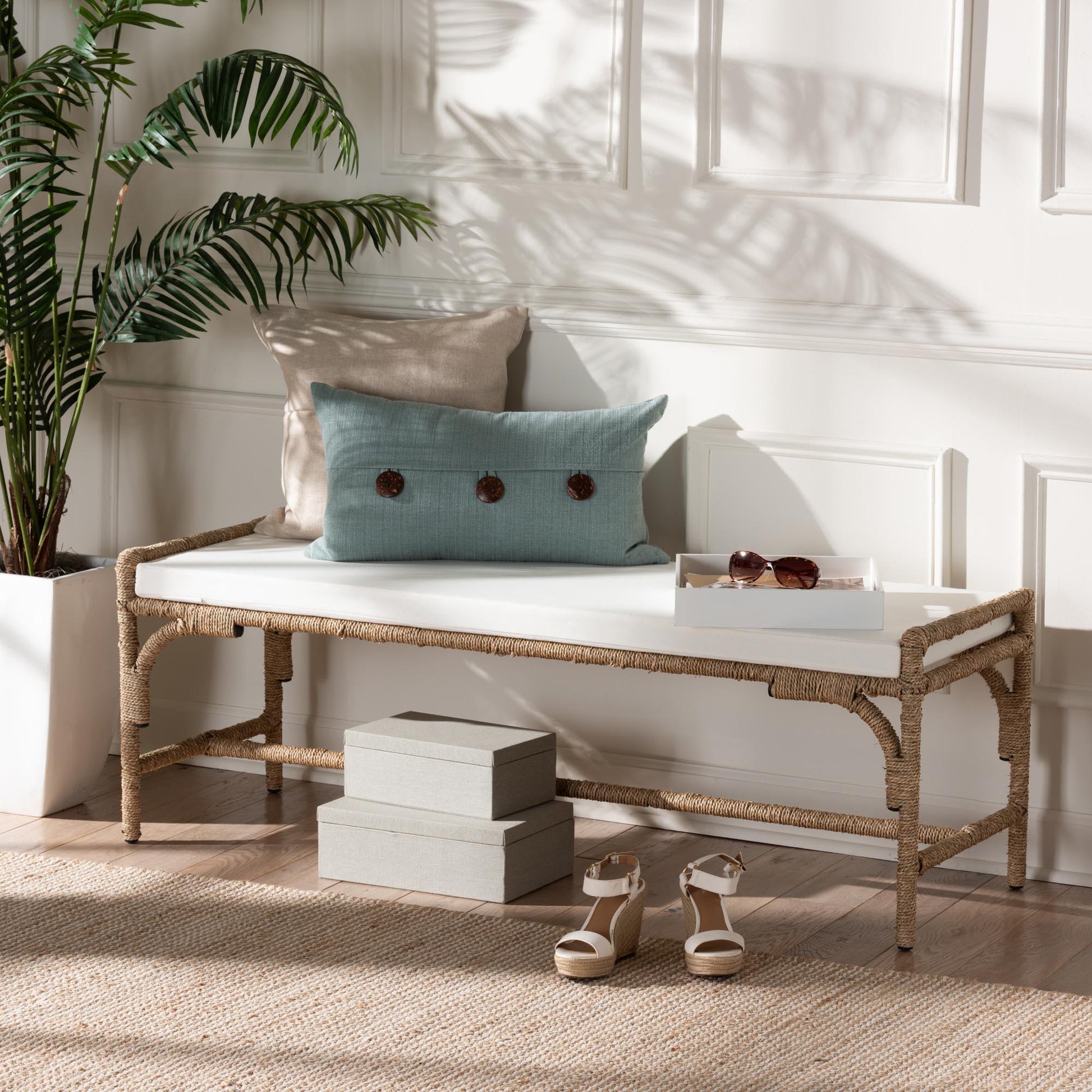 bali & pari Nasim Modern Bohemian Natural Seagrass and Metal Accent Bench FredCo