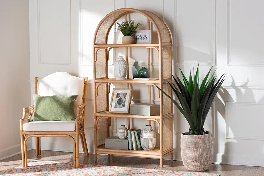 bali & pari Natania Natural Rattan 4-Tier Display Shelf - Handwoven Arched Bookcase with Webbed Side Panels, Boho Coastal Design for Living Room, Entryway, or Bedroom FredCo