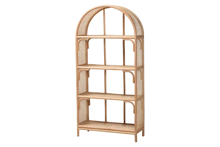 bali & pari Natania Natural Rattan 4-Tier Display Shelf - Handwoven Arched Bookcase with Webbed Side Panels, Boho Coastal Design for Living Room, Entryway, or Bedroom FredCo