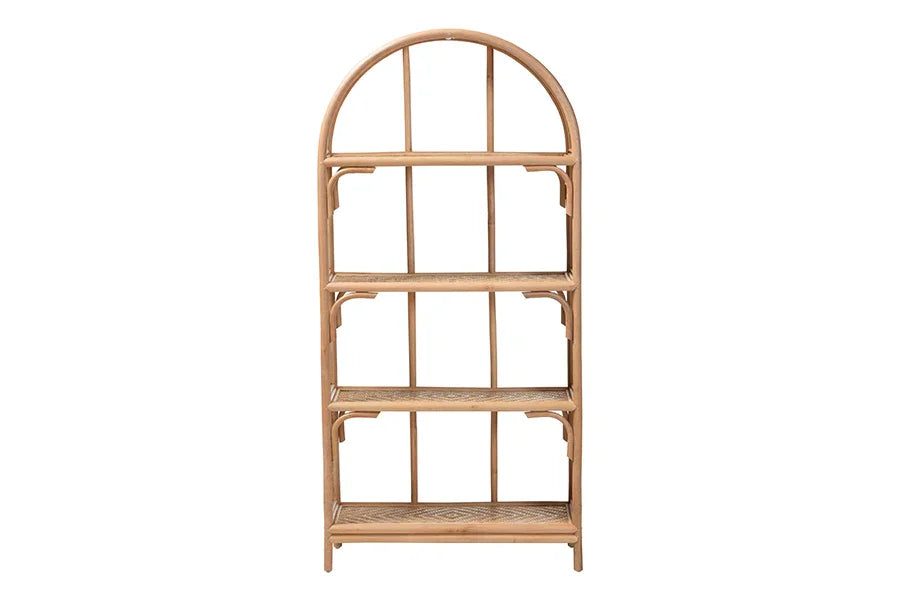 bali & pari Natania Natural Rattan 4-Tier Display Shelf - Handwoven Arched Bookcase with Webbed Side Panels, Boho Coastal Design for Living Room, Entryway, or Bedroom FredCo
