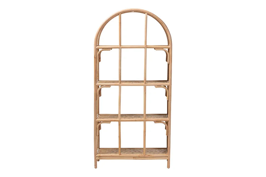 bali & pari Natania Natural Rattan 4-Tier Display Shelf - Handwoven Arched Bookcase with Webbed Side Panels, Boho Coastal Design for Living Room, Entryway, or Bedroom FredCo