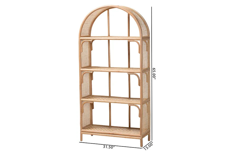 bali & pari Natania Natural Rattan 4-Tier Display Shelf - Handwoven Arched Bookcase with Webbed Side Panels, Boho Coastal Design for Living Room, Entryway, or Bedroom FredCo