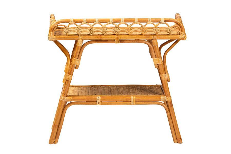 bali & pari Nayana Modern Bohemian Natural Rattan 2-Tier Console Table FredCo