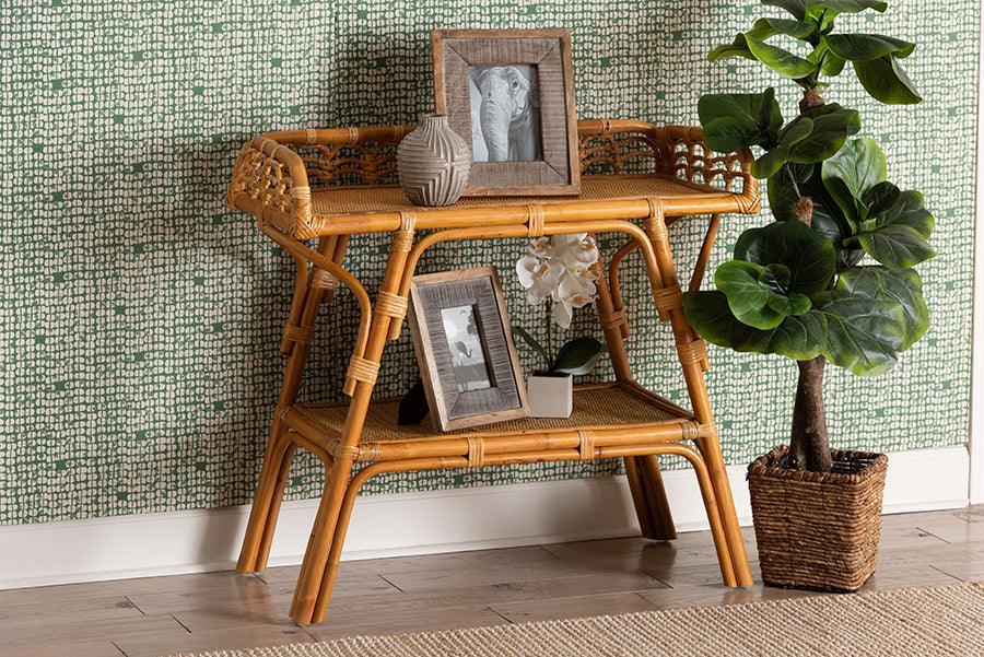 bali & pari Nayana Modern Bohemian Natural Rattan 2-Tier Console Table FredCo