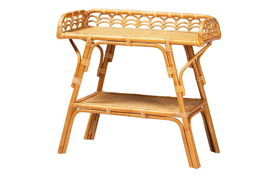 bali & pari Nayana Modern Bohemian Natural Rattan 2-Tier Console Table FredCo